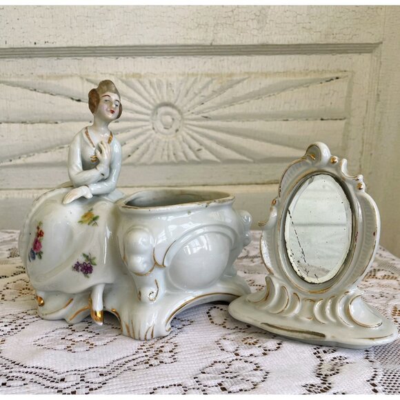 Antique 1940s Porcelain Lady Mirror Fairing/Powder.Trinket box - Picture 2 of 16